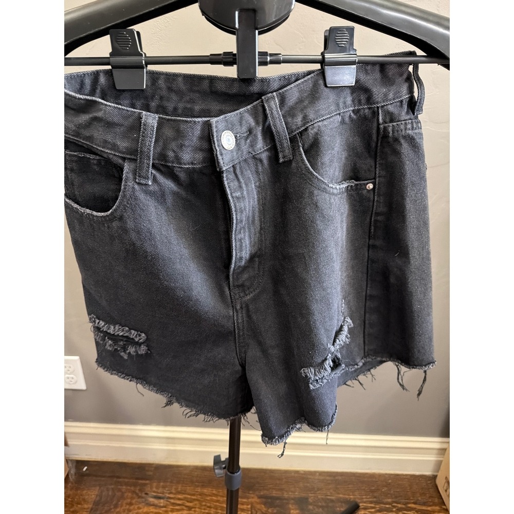 SHEIN Womens Distressed Denim Shorts Washed Black High Waisted Frayed Hem Size 6